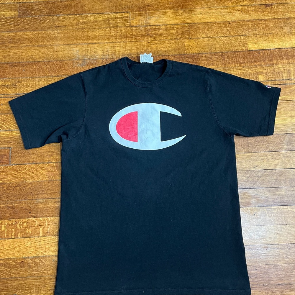 Champion Vintage Graphic Print T-Shirt Y2K Short Sleeve Big Logo Black Mens XL